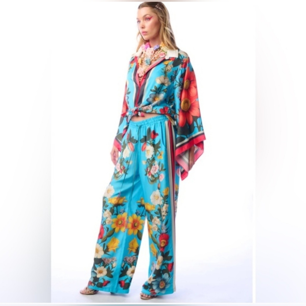 Aratta Floral Gareden Turquoise Floral Wide-Leg Pants
